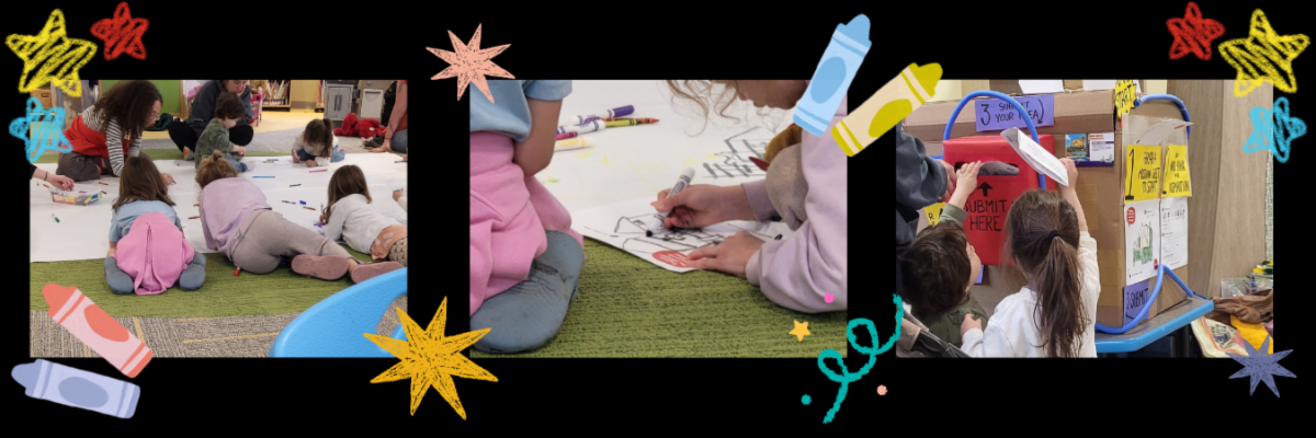 Three images of children drawing and creating at the GIANT Room program in Canterbury, CT.