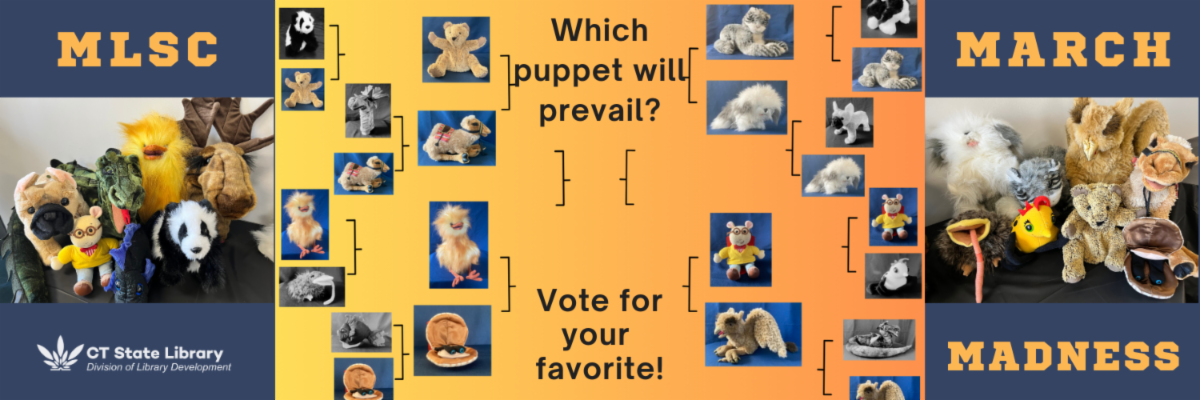 A graphic similar to a March Madness chart that contains photos of puppets on the edges and blank spaces towards the center. Photos of groups of puppets are found on both sides of the graphic.