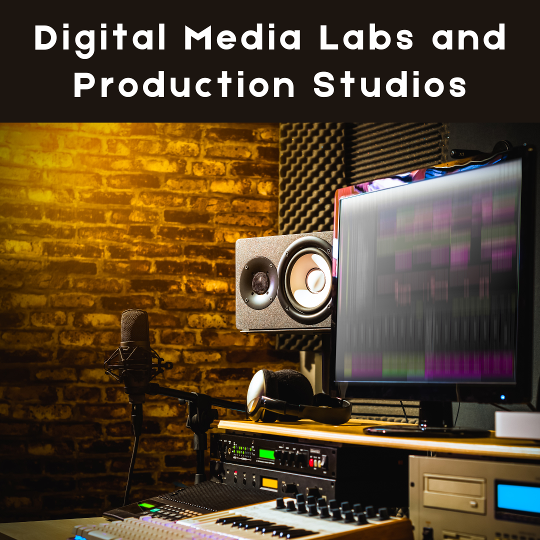 A decorative graphic of a computer, speaker, microphone on a stand, and a recording mixer in a room with dim lighting and brick walls.