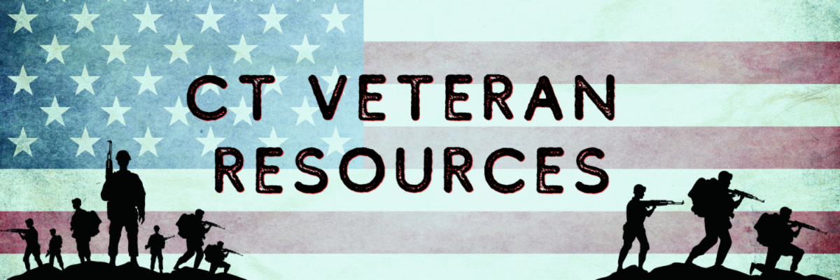 Graphic of a faded American flag behind black silhouettes of soldiers. Text in bold letters reads, "CT Veteran Resources."