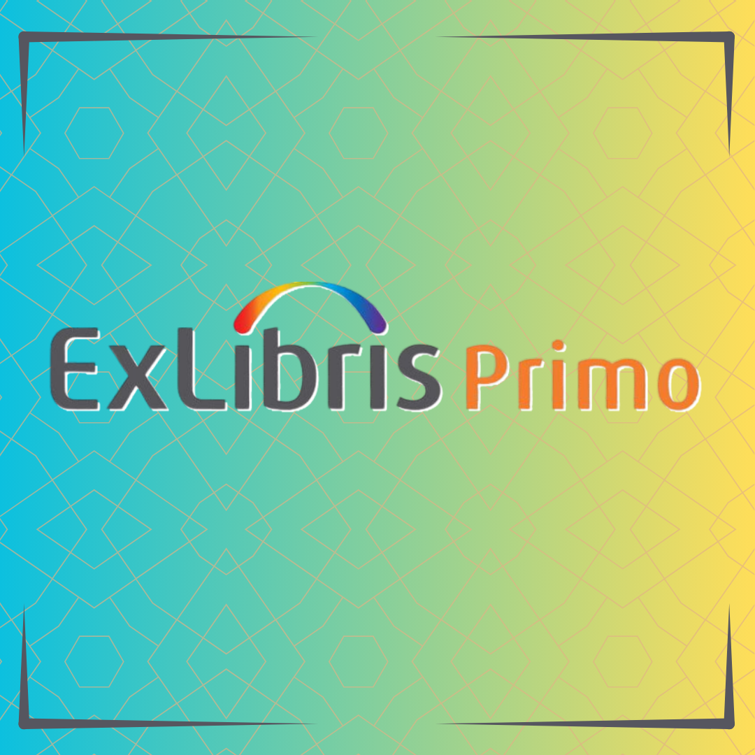 Decorative graphic containing the Primo logo by ExLibris against a turquoise to yellow gradient background.