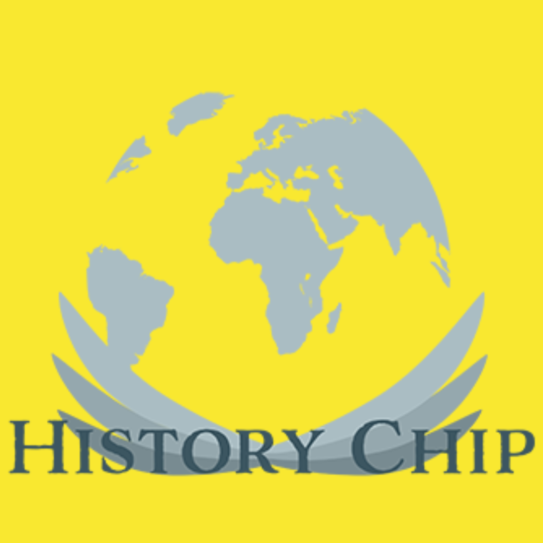 History Chip logo (an open book with the globe on top of it) in shades of grey against a bright yellow background.