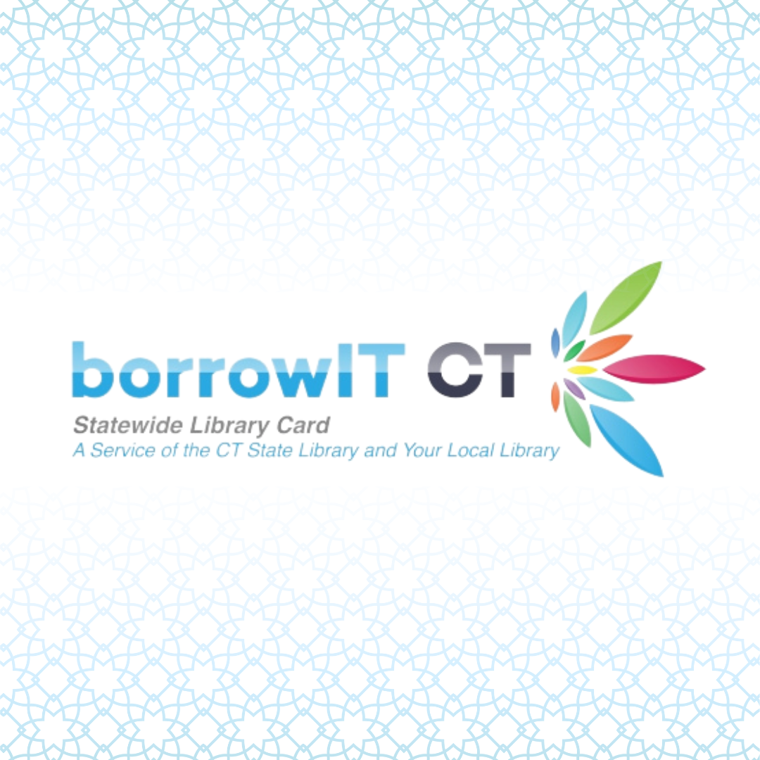 Logo: borrowIT CT, a service of the CT State Library in multiple colors including soft blue, green, black and red.
