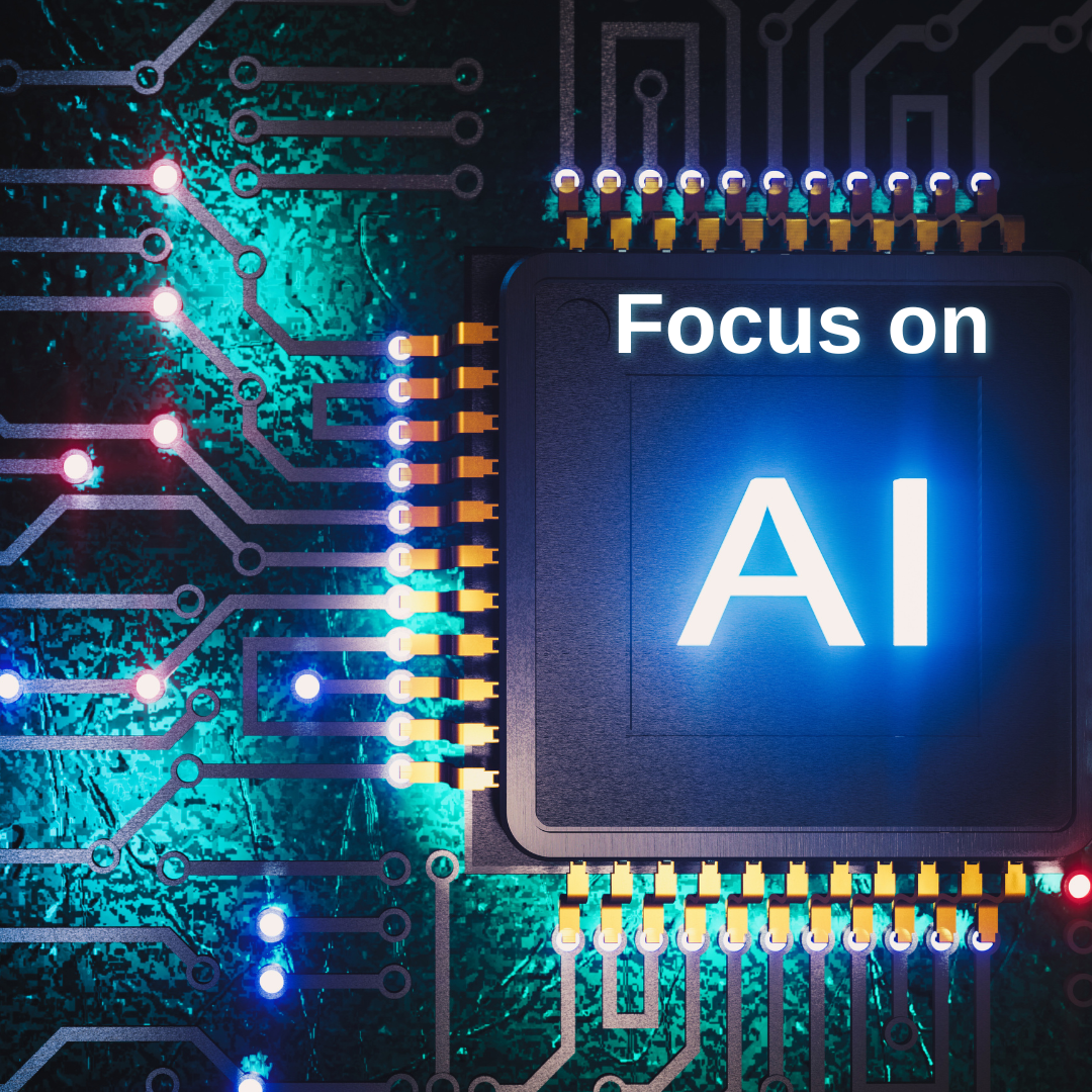A square graphic containing a colorful close-up photo of a computer chip. Text in bold white letters reads, "Focus on AI." 