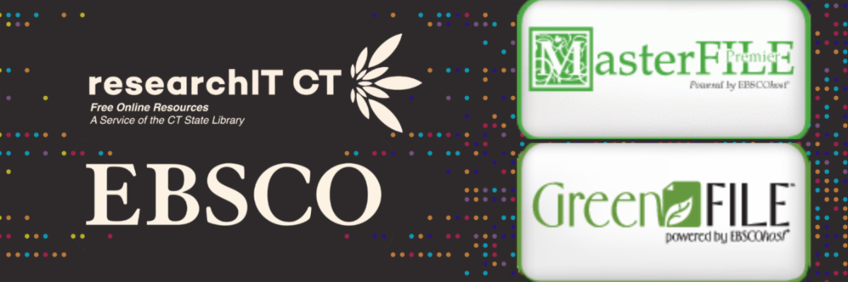 A banner graphic containing logos for researchIT CT, EBSCO and two of EBSCO's databases: MasterFILE and GreenFILE against a black background.