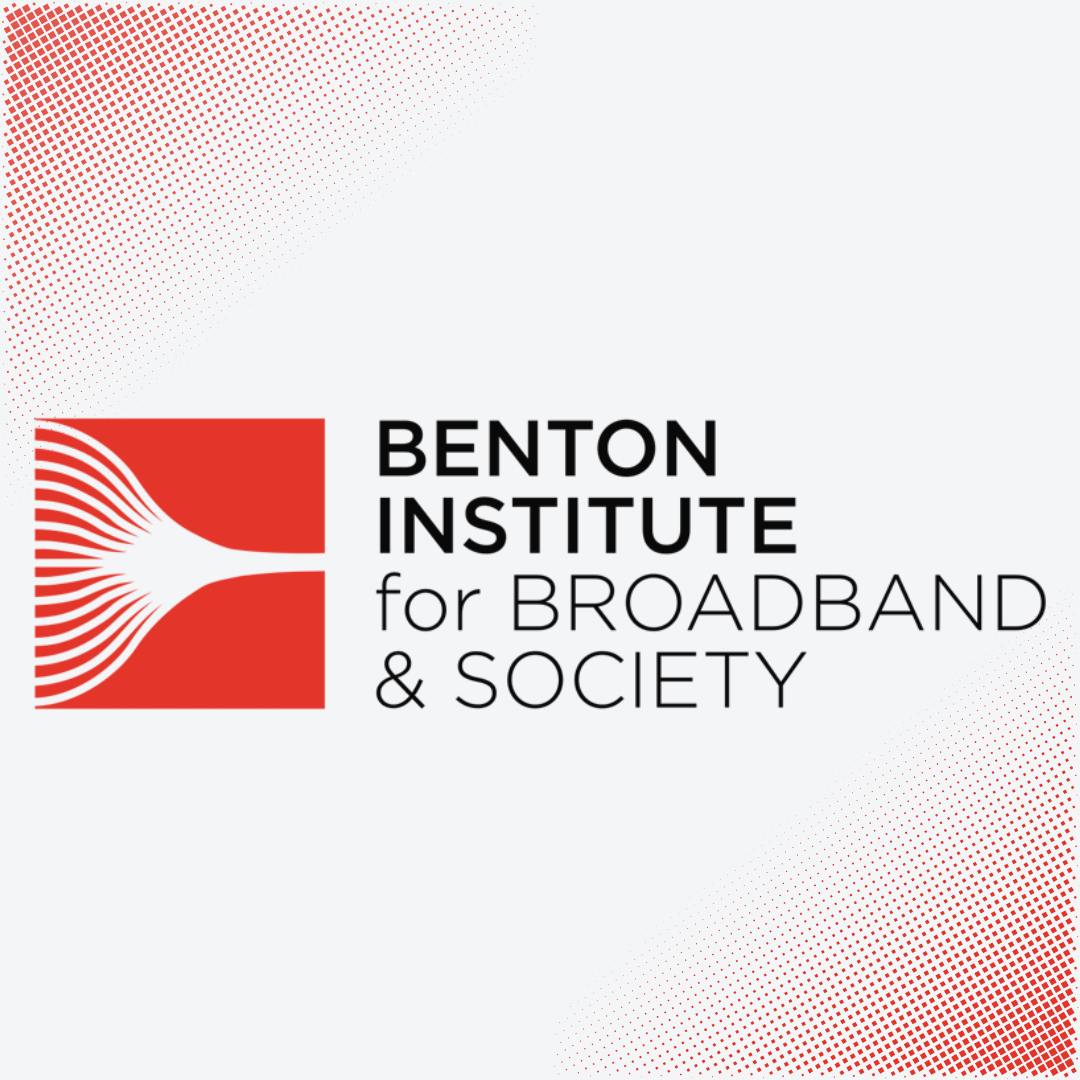 Benton Institute for Broadband & Society logo in black and red against a light grey background and red accents in opposing corners.