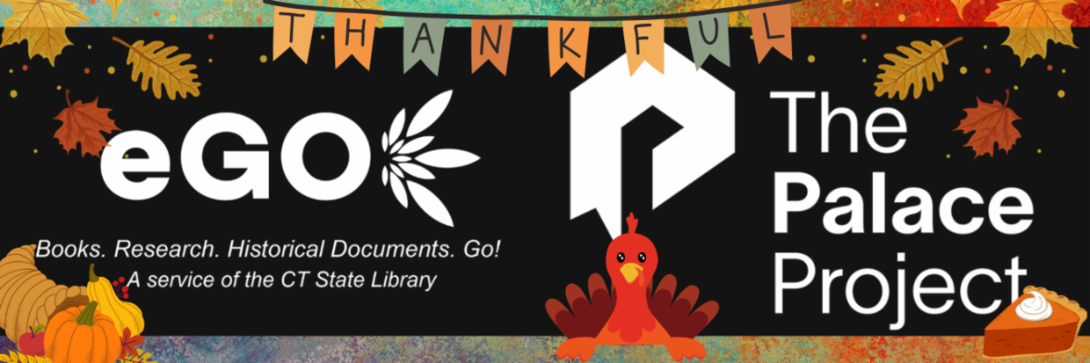 A Thanksgiving banner pumpkins and a turkey surround the eGO CT and Palace Project logos.