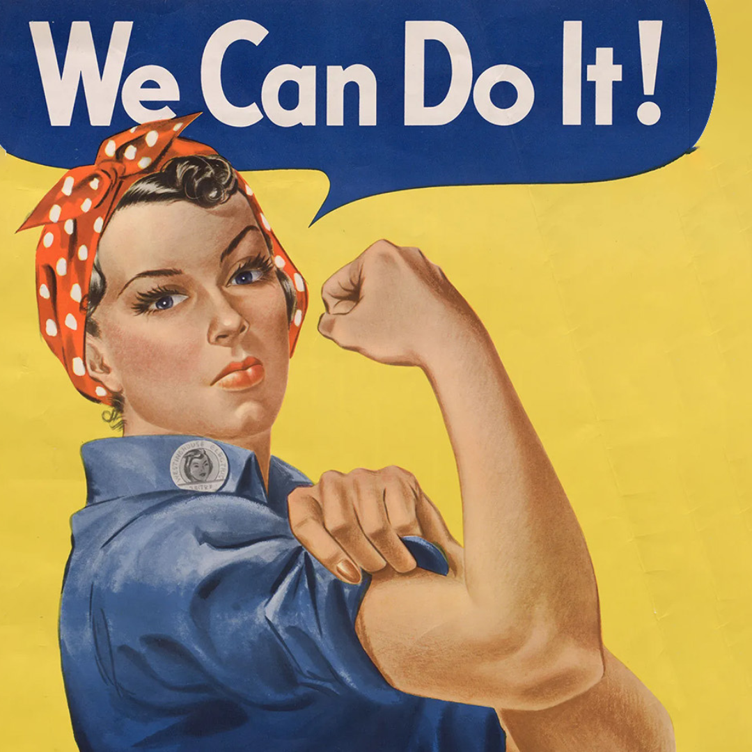 Woman wearing a red bandana flexing her bicep muscle. Text reads We Can Do It!