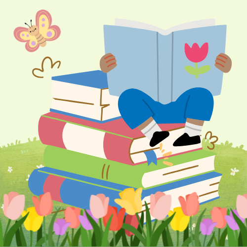 A graphic of a child reading a book while sitting on a pile of books on green grass. Colorful tulips are seen in the foreground, and a smiling butterfly is in the upper left corner of the graphic. 