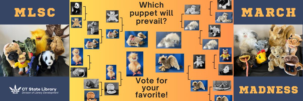 A graphic similar to a March Madness chart that contains individual photos of puppets in brackets, with the "final four" towards the center. Photos of the competing puppets in groups are found on the extreme left and right of the graphic.