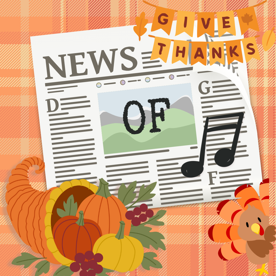 A cornucopia turkey and thanksgiving banner surround a newspaper against an orange plaid background. 