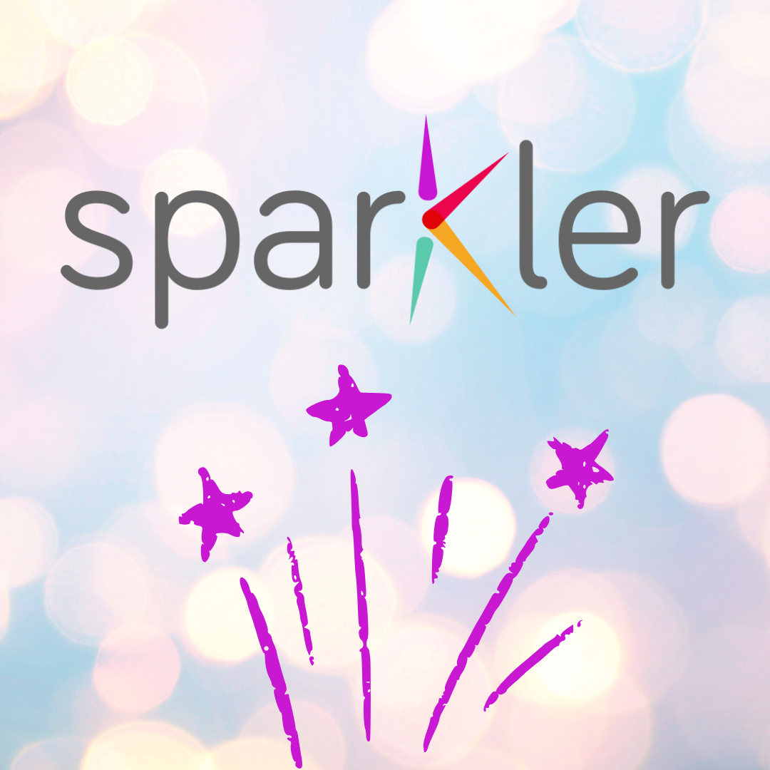 The Sparkler logo and purple stars against a pink sparkly background.