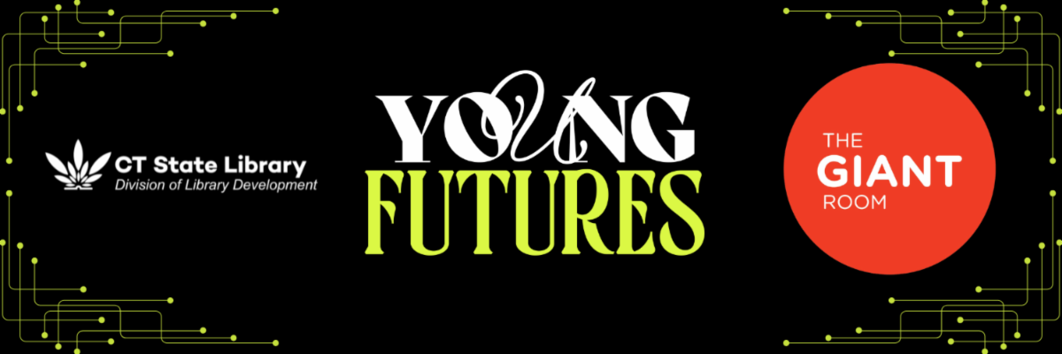 CT State Library logo in white, Young Futures logo in white and lime green and The GIANT Room logo in white inside a red circle all against a black background.