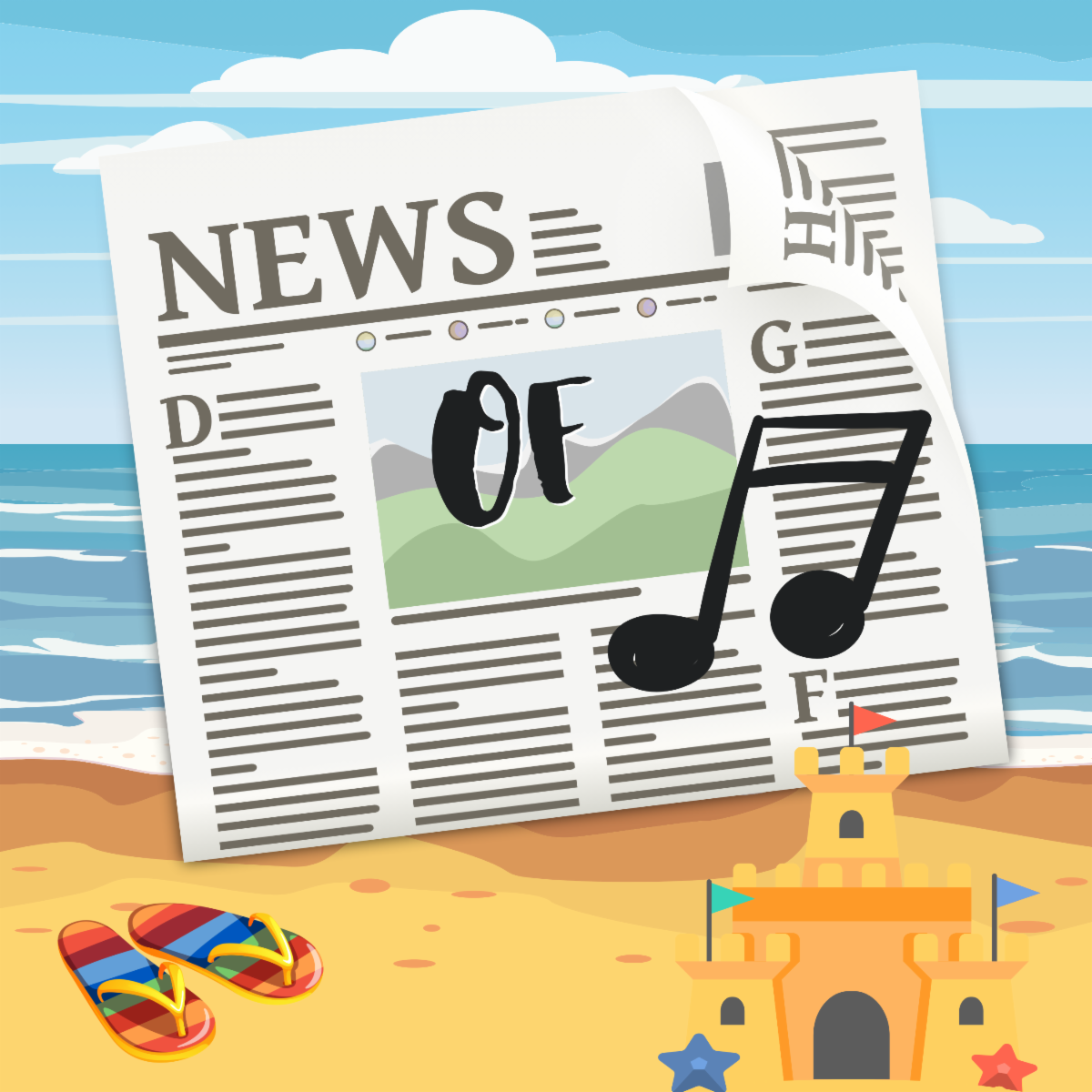 Decorative graphic of a newspaper and black musical note with the word “of” in between on a sandy beach next to a pair of flipflops and the ocean behind them.