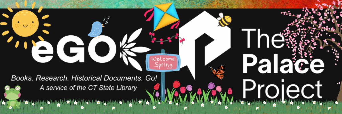 eGO CT and Palace Project logos, both in white against a black background, surrounded by elements of spring including a weeping cherry tree, tulips, a kite, a bird singing, and a smiling sun.