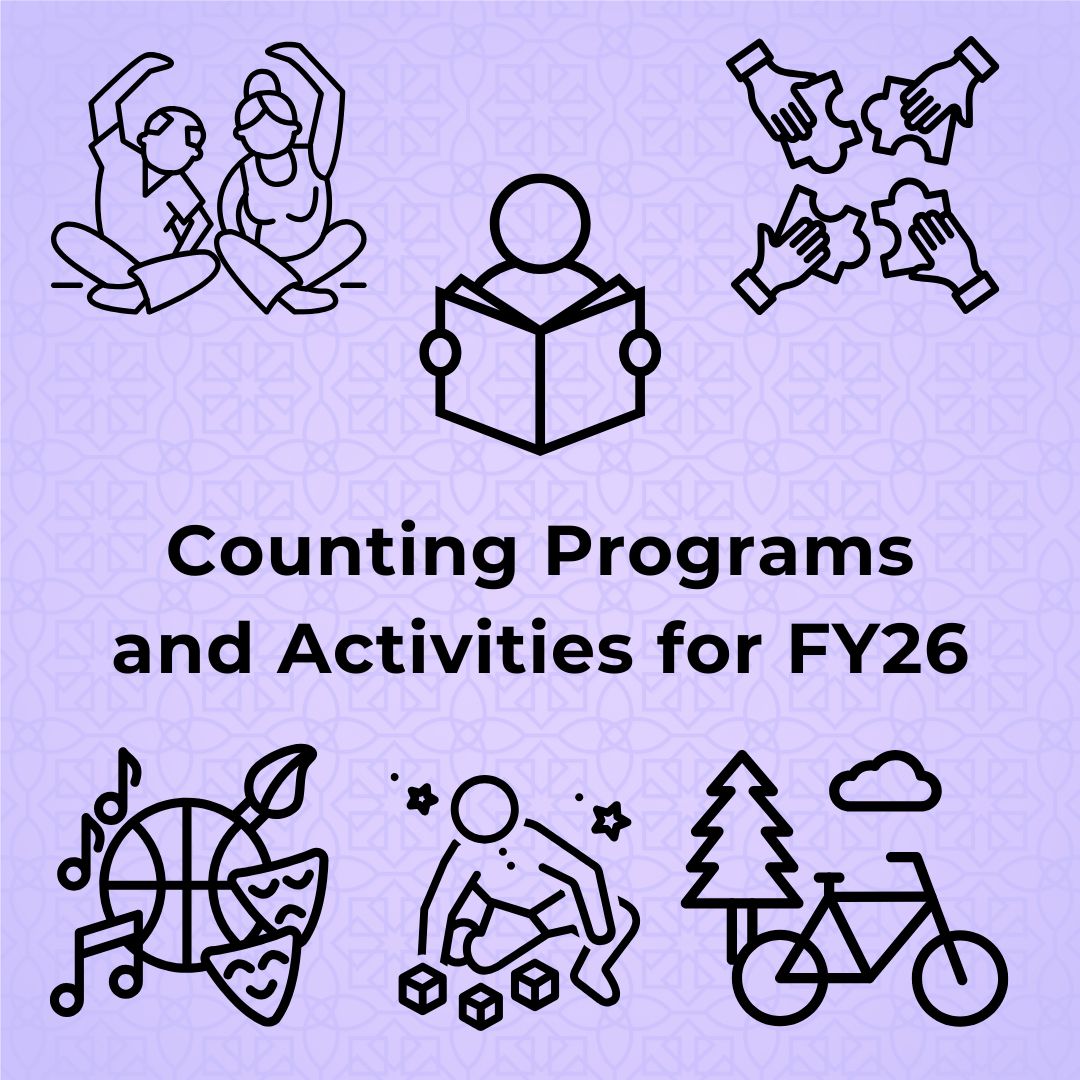 Black graphic outlines of people doing activities including yoga, a puzzle, a person reading, a basketball, a child paying with toys, and music notes against a purple background.
