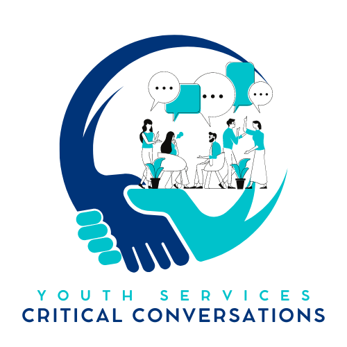 Youth Services Critical Conversations logo in turquoise and navy blue.