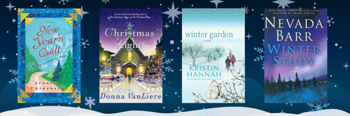 Collage of four seasonal large print book covers.