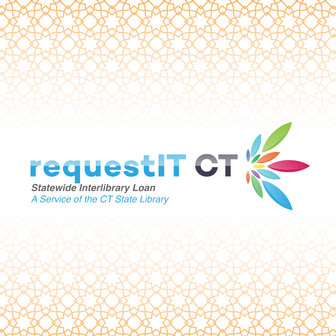 requestIT CT logo, a service of the CT State Library, surrounded by orange weave pattern.