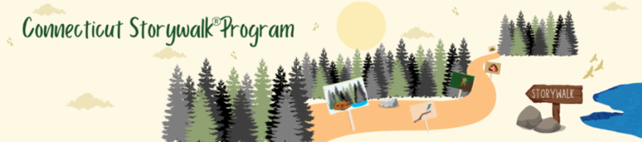 Graphic of forested storywalk path among trees with text Connecticut StoryWalk Program