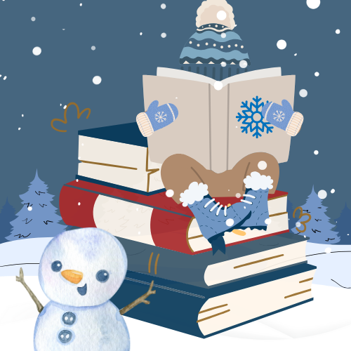 Decorative image of a child reading while sitting on a pile of books outside in the snow.