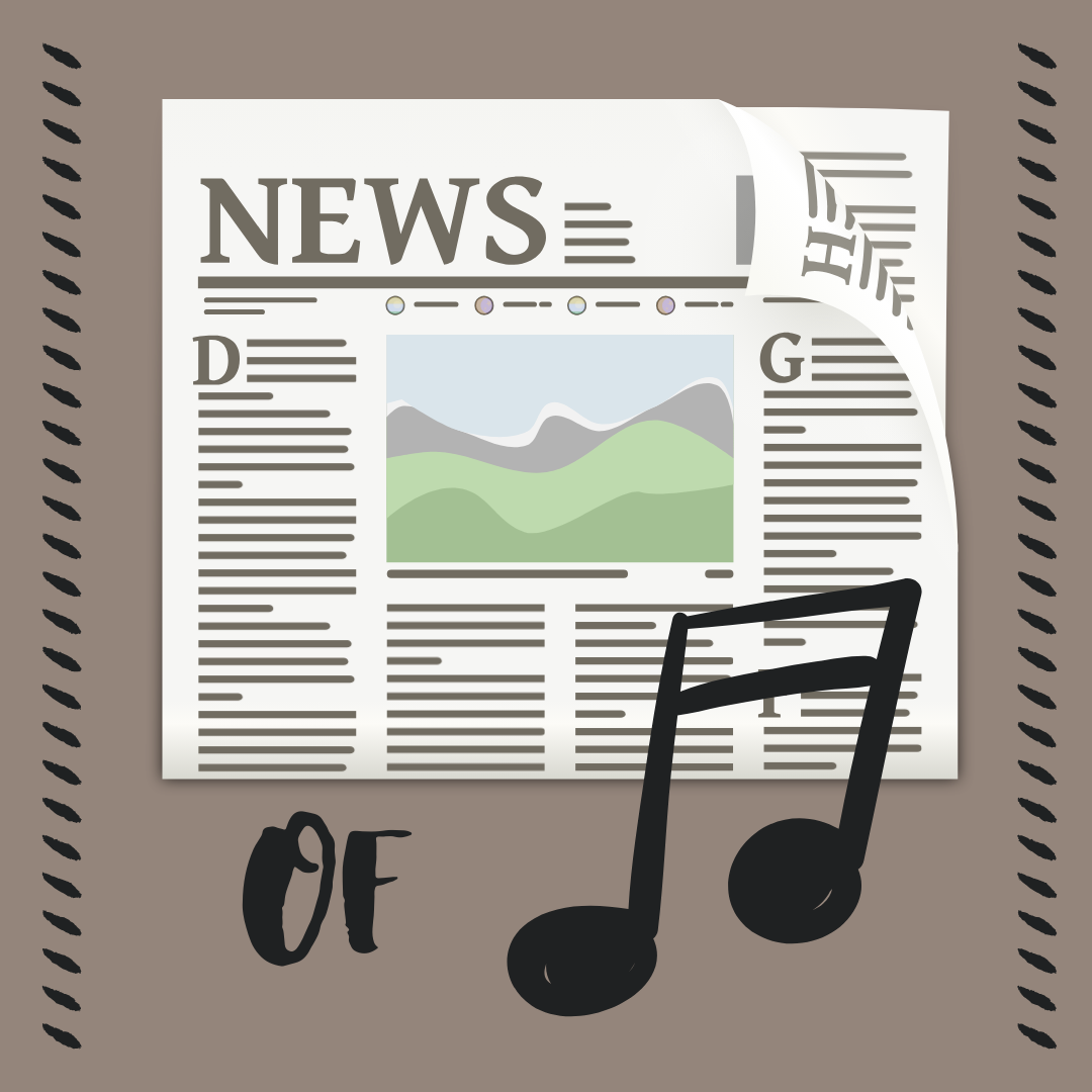 Graphic of a newspaper and musical note, with "of" in swirly black text between the images.