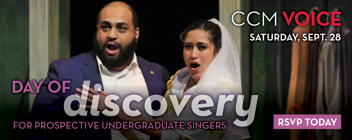 A house ad for CCM Voices Day of Discovery event for prospective undergraduate singers.