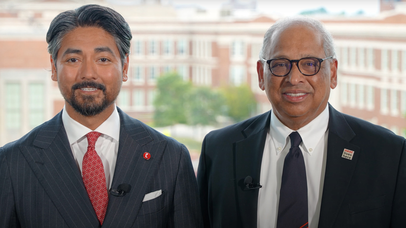 Cincinnati Mayor Aftab Pureval and UC President Neville Pinto share a welcome message. 