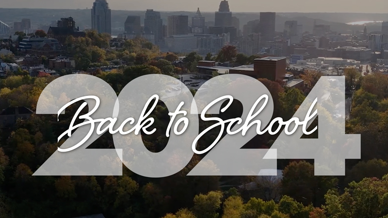 Photo of Cincinnati skyline with text Back to School 2024.