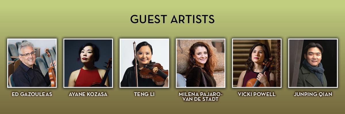 A decorative graphic promoting that this event features guest artists Ed Gazouleas, Ayane Kozasa, Teng Li, Milena Pajaro-Van DeStadt, Vicki Powell and Junping Qian. The graphic features the portraits of each guest artist.