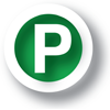 A green circle with the letter P inside denoting parking.