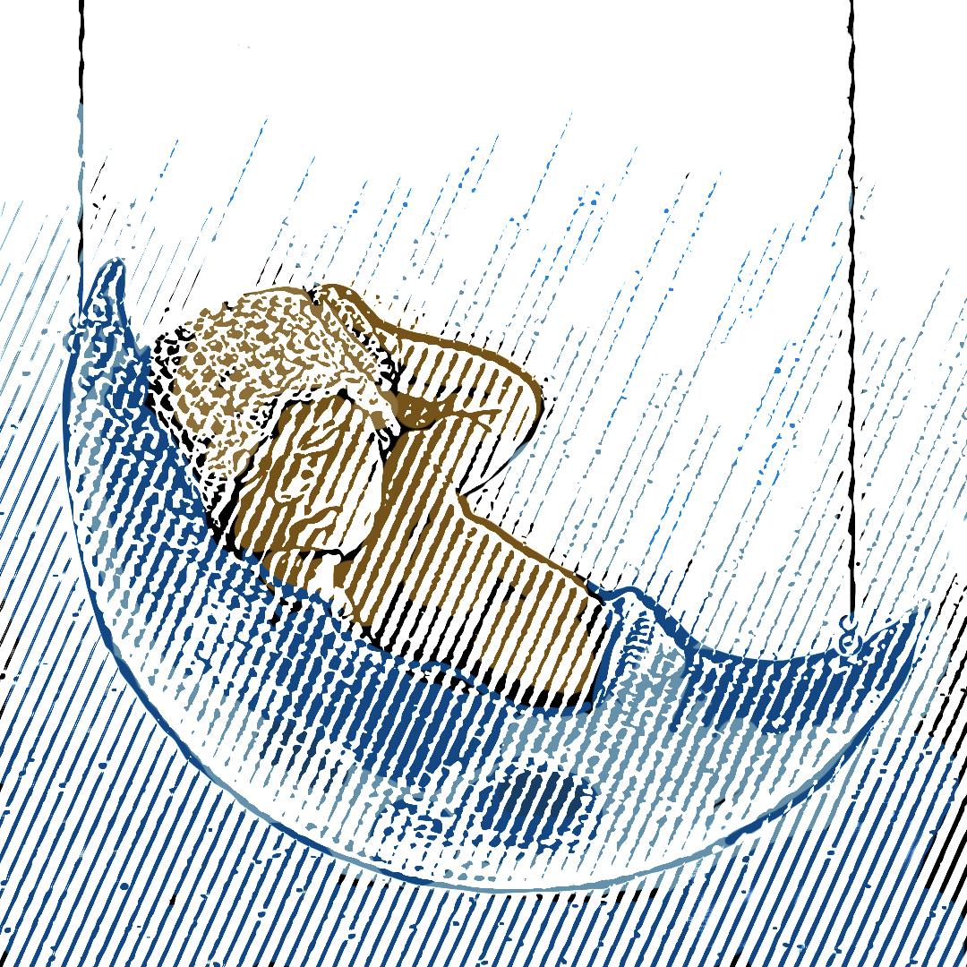 A promotional illustration of an infant sleeping in a cradle made of the moon. Image is for CCMs fall 2024 production of The Winters Tale.