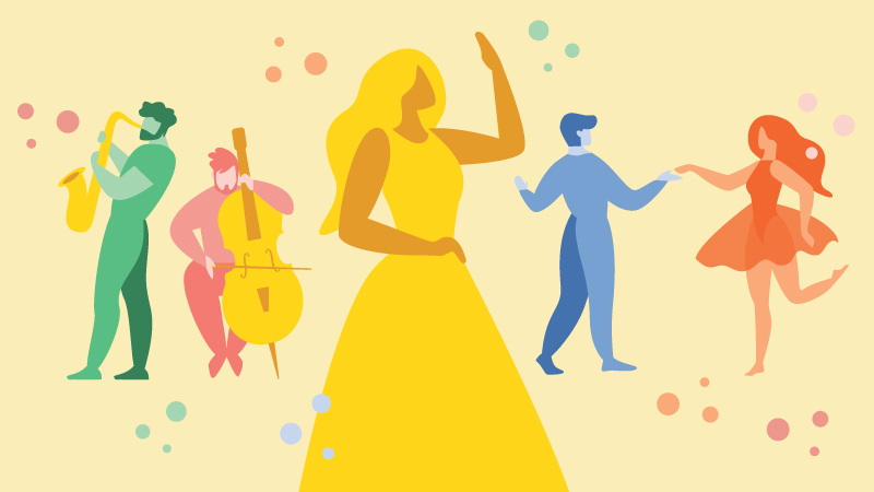 A colorful illustration of two musical performers and one singer and two dancers by AttoStock.