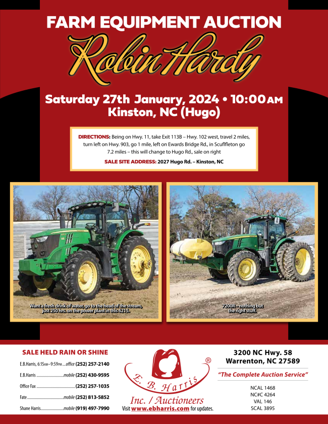 Saturday, 27th January, 2024 Farm Equipment Auction Kinston, NC (Hugo)