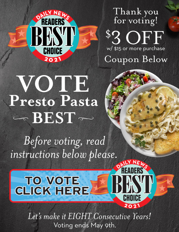 Vote Presto Pasta 2021 Daily News Best / 3 Off Coupon!