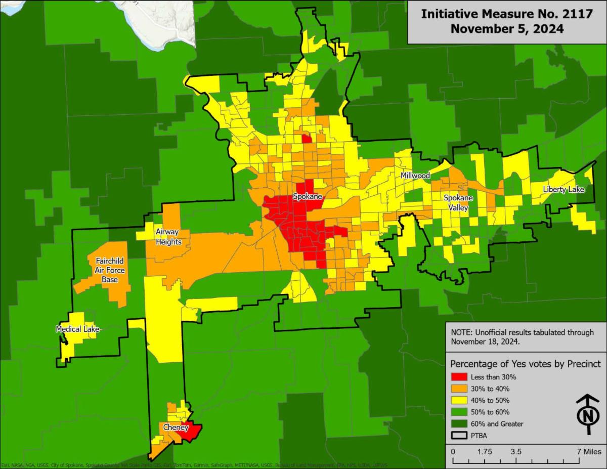 A graphic of a map of Spokane County with an overlay depicting voter results for Initiative 2117