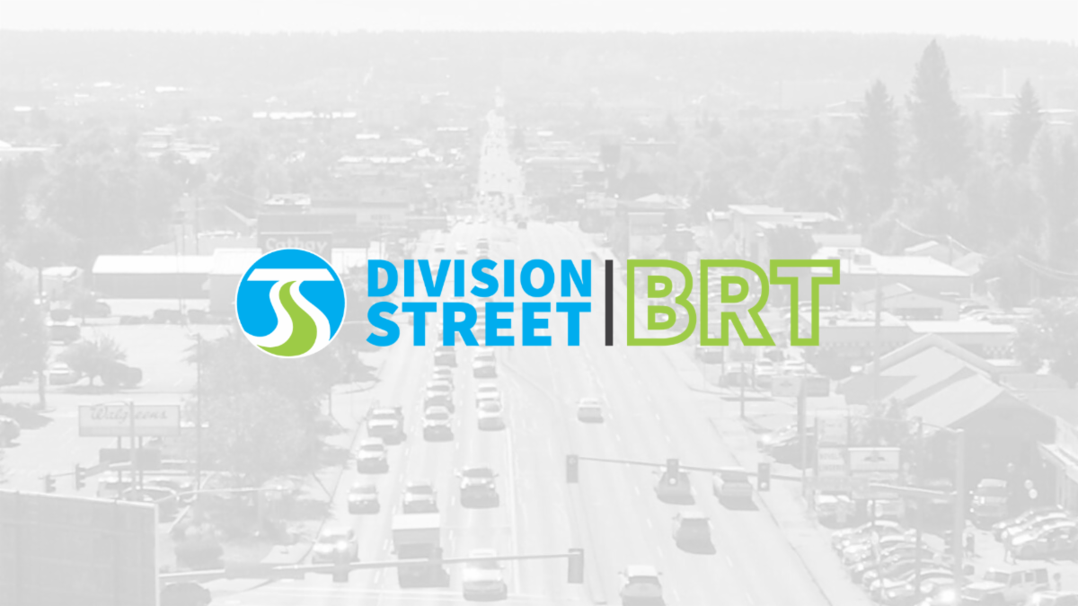 An image of Division Street BRT superimposed over a gray aerial view of Division Street traffic