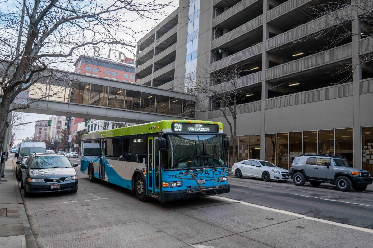 A photo of a Route 20 bus in downtown Spokane