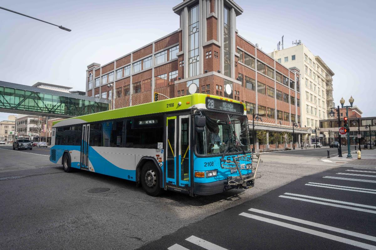 A photo of a Route 28 bus departing STA Plaza