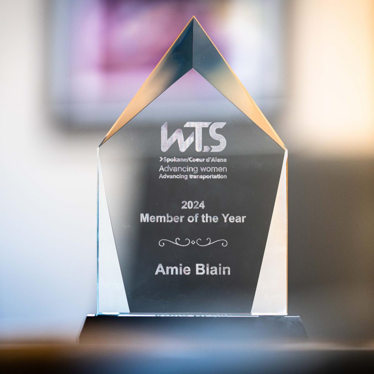 A closeup photo of the WTS award given to Amie Blain for Member of the Year.