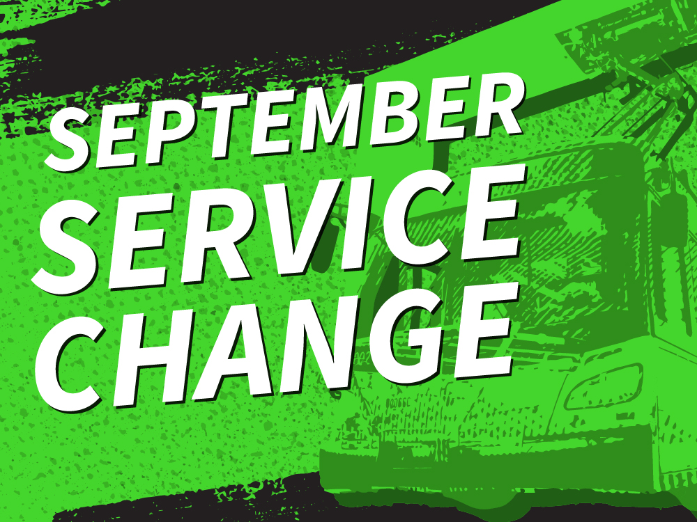 A graphic of a textured green and black background with a bus and superimposed text saying "September service change"