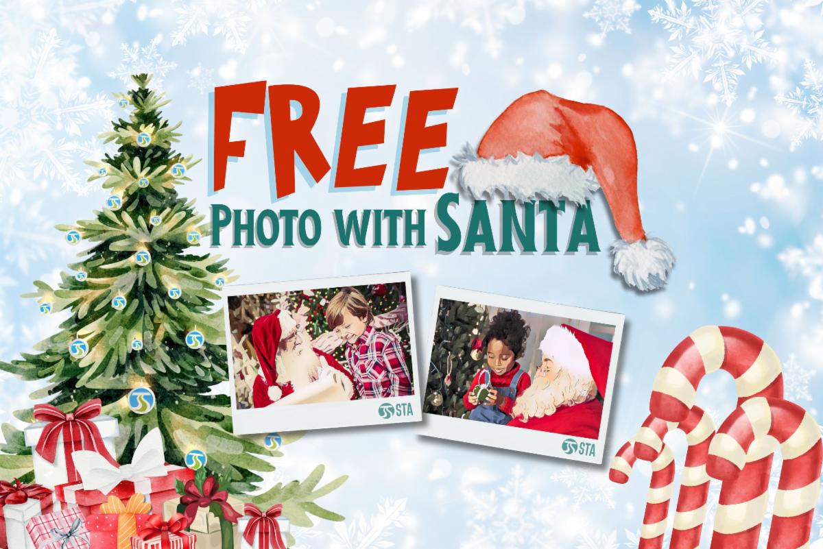 A graphic displaying a christmas tree, santa hat, and candy canes with the text superimposed that says Free Photo with Santa