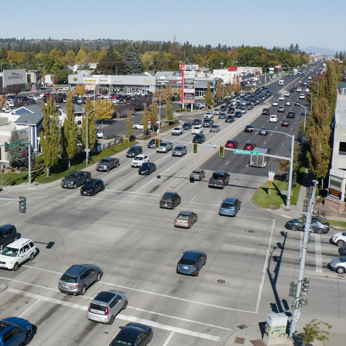 An aerial shot of traffic on Division Street.