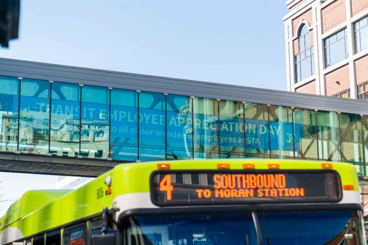A photo of a Transit Employee Appreciation banner placed on STA’s skywalks