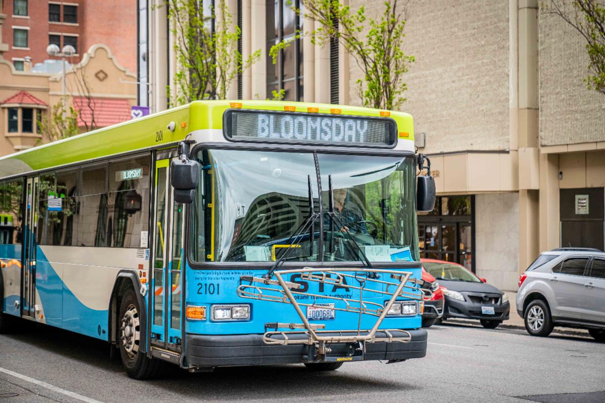 A photo of an STA bus with Bloomsday displayed on the readerboard