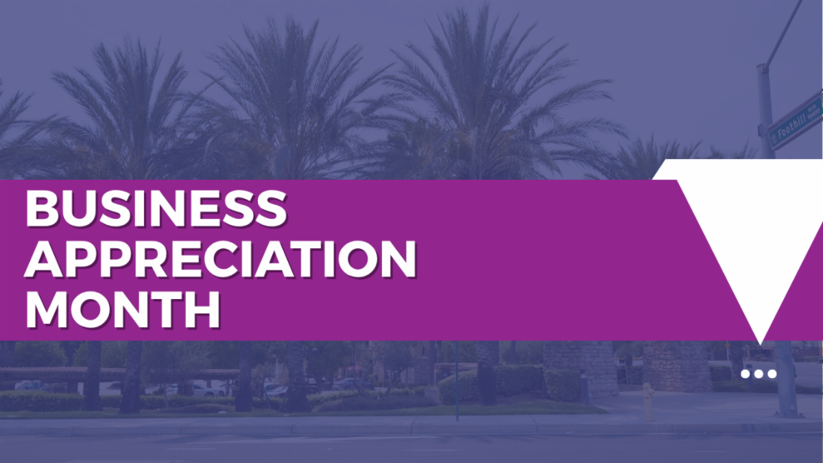 Illustration of Business Appreciation Month. There is a backdrop of palm trees in the background.