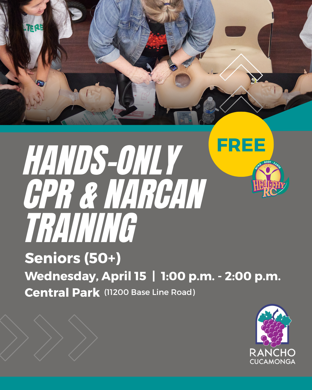 Hands-only CPR and Narcan training for seniors 50+, Free Wednesday, April 15 1:00 p.m. -2:00 p.m. Central Park (11200 Base Line Rd.)