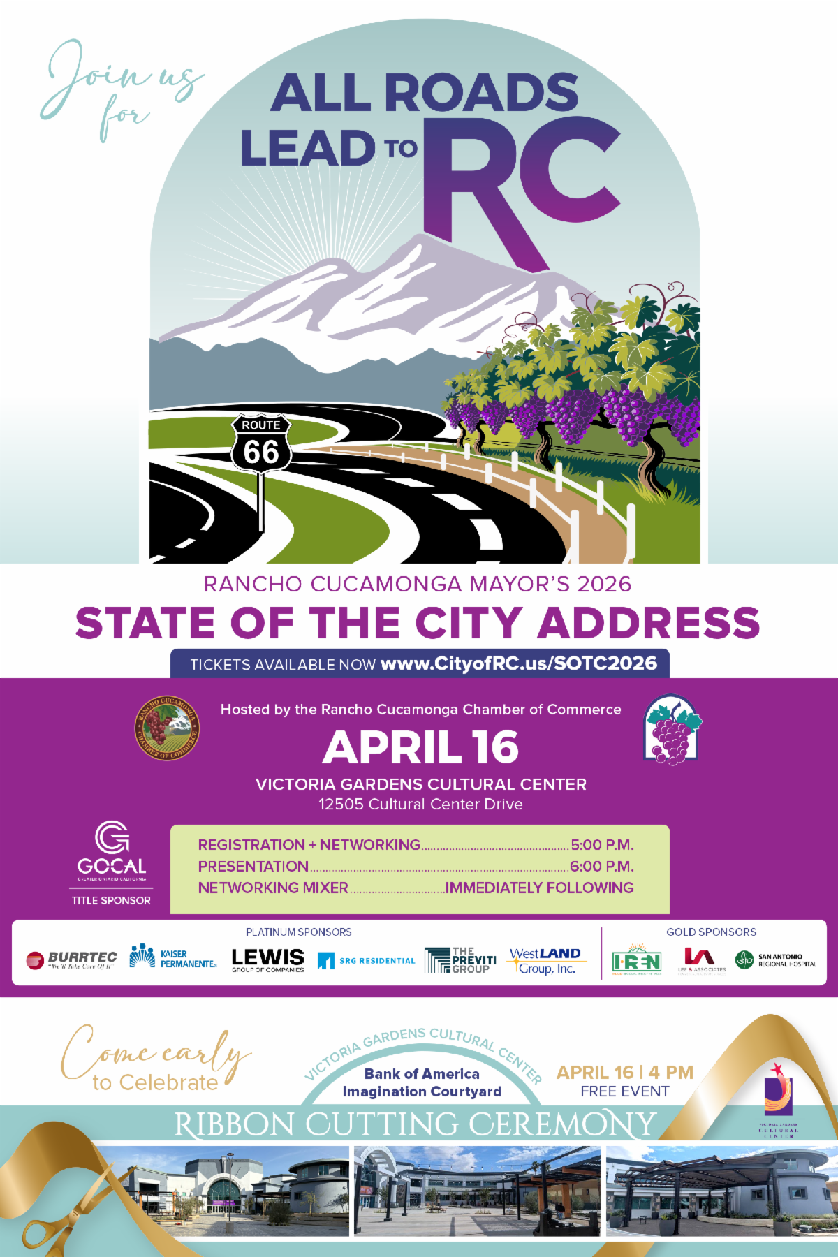 2026 Mayor's State of the City Address April 16, 5:00 p.m. - 8:00 p.m. and Victoria Gardens Cultural Center Ribbon Cutting Ceremony Thursday April 16, 4:00 p.m. at 12505 Cultural Center Dr.