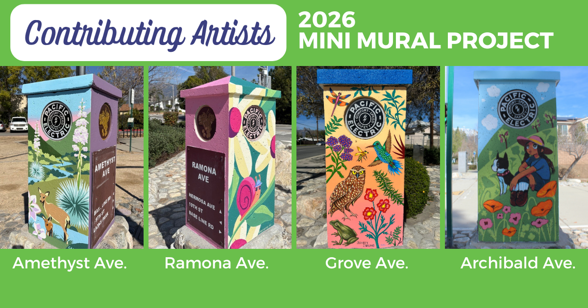 4 pictures of mini murals along the Pacific Electric Trail, Amethyst Ave., Ramona Ave., Grove Ave. Archibald Ave.