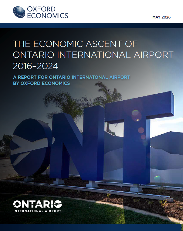 Cover of the May 2026 Oxford Economics report, “The Economic Ascent of Ontario International Airport, 2016–2024.” The cover features a large blue “ONT” airport sign with palm trees and the airport terminal in the background. Text states that the report was prepared for Ontario International Airport by Oxford Economics. The Ontario International Airport logo appears at the bottom.